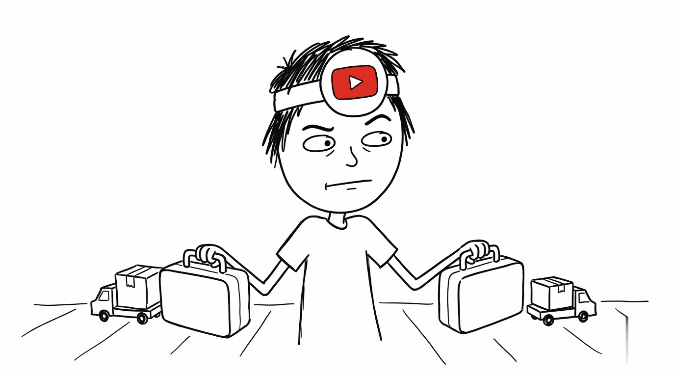 헝클어진 머리의 사람이 생각에 잠긴 표정으로 도시락 두 개를 양손에 들고 비교하는 그림입니다.
