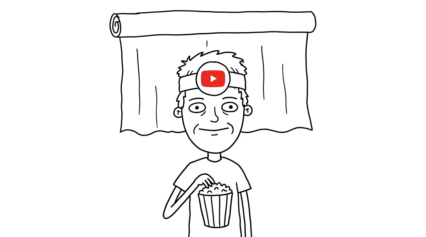 An expectant person holds popcorn beneath a tiny cinema curtain that remains rolled up.
