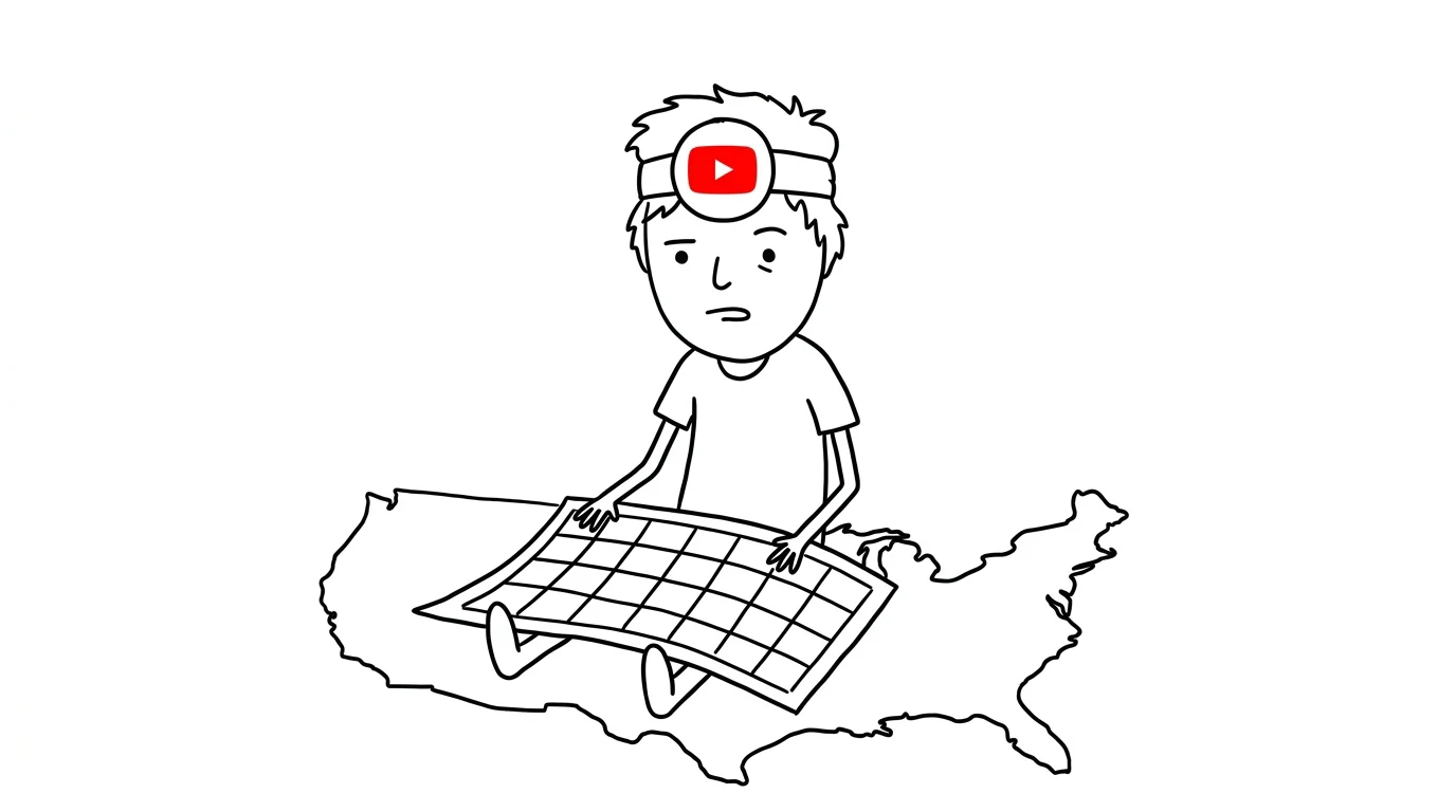 A puzzled person sits on a US-shaped rug with an enormous blank calendar spilling across their lap.