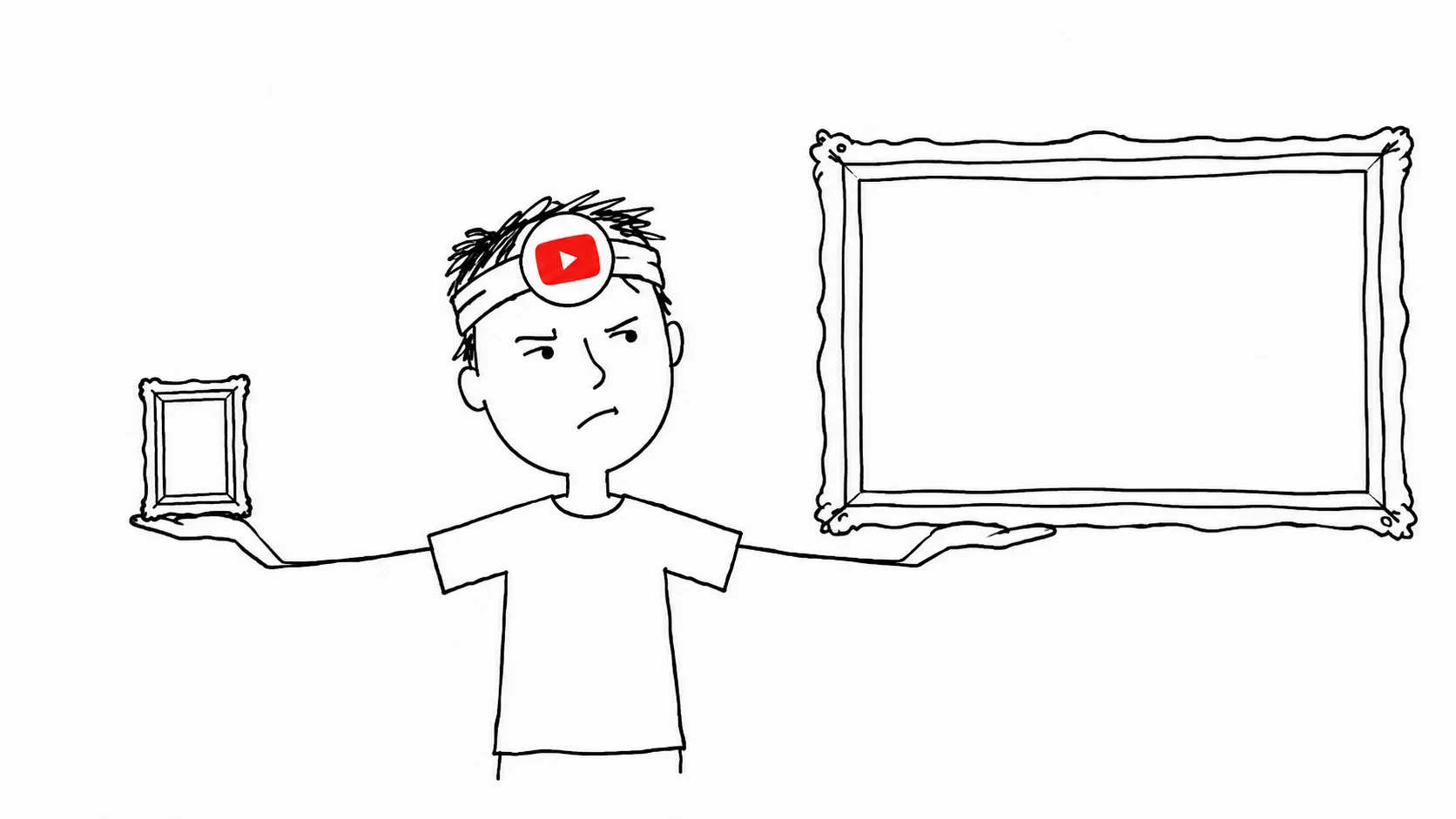 헝클어진 머리의 사람이 의심스러운 표정으로 작은 세로 액자와 거대한 가로 액자를 양손에 하나씩 올려 비교합니다.
