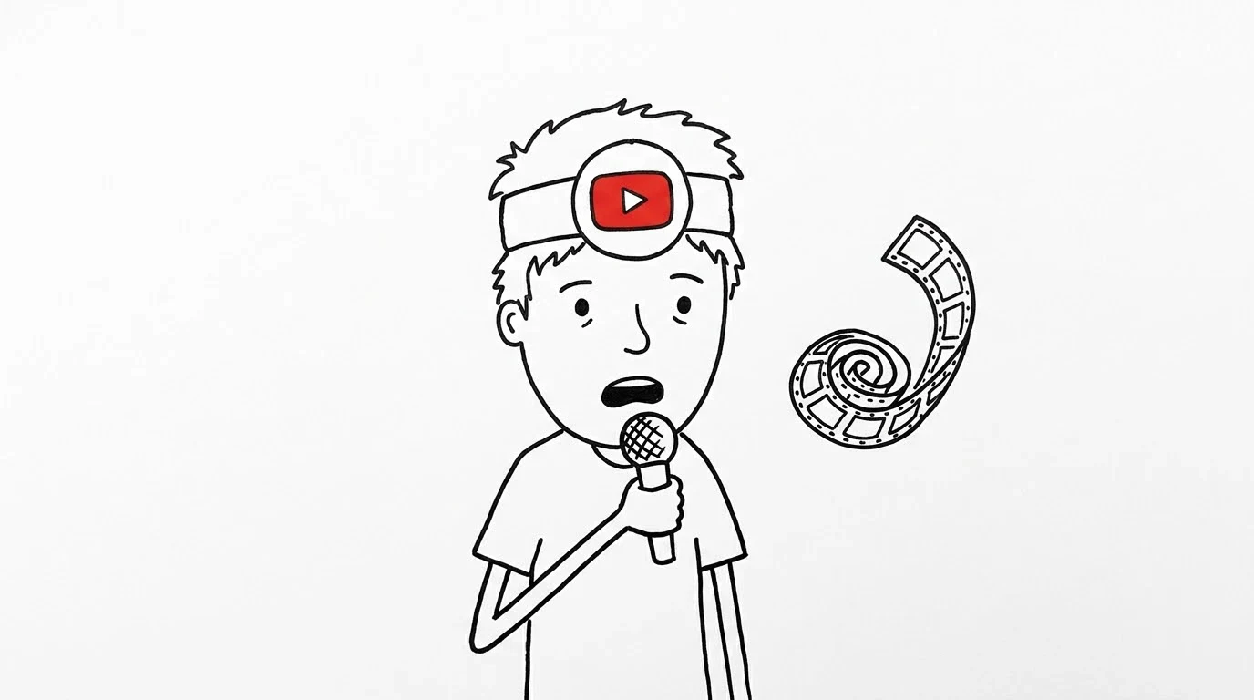 헝클어진 머리의 사람이 마이크에 대고 말하자 필름이 공중에서 스스로 돌돌 말리는 모습을 보고 깜짝 놀랍니다.