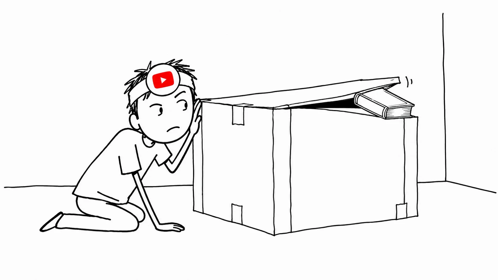 헝클어진 머리의 사람이 상자 안에서 들리는 기척을 조심스럽게 확인합니다.