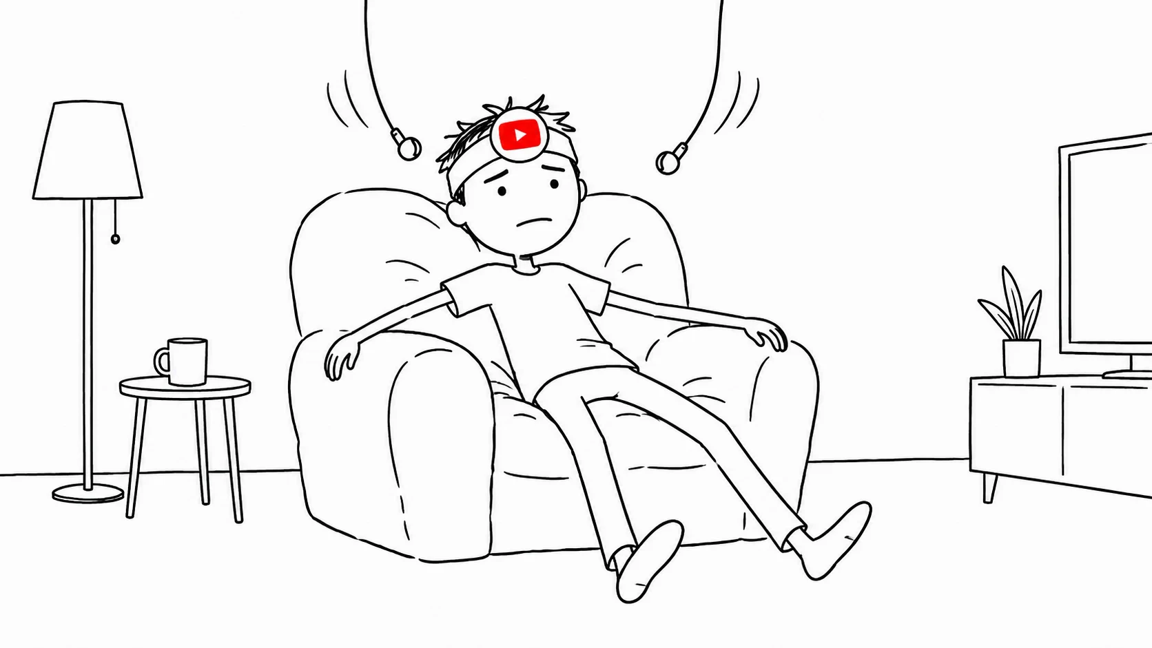 헝클어진 머리의 사람이 익숙한 의자에 앉자 이어폰이 저절로 귀를 향합니다.